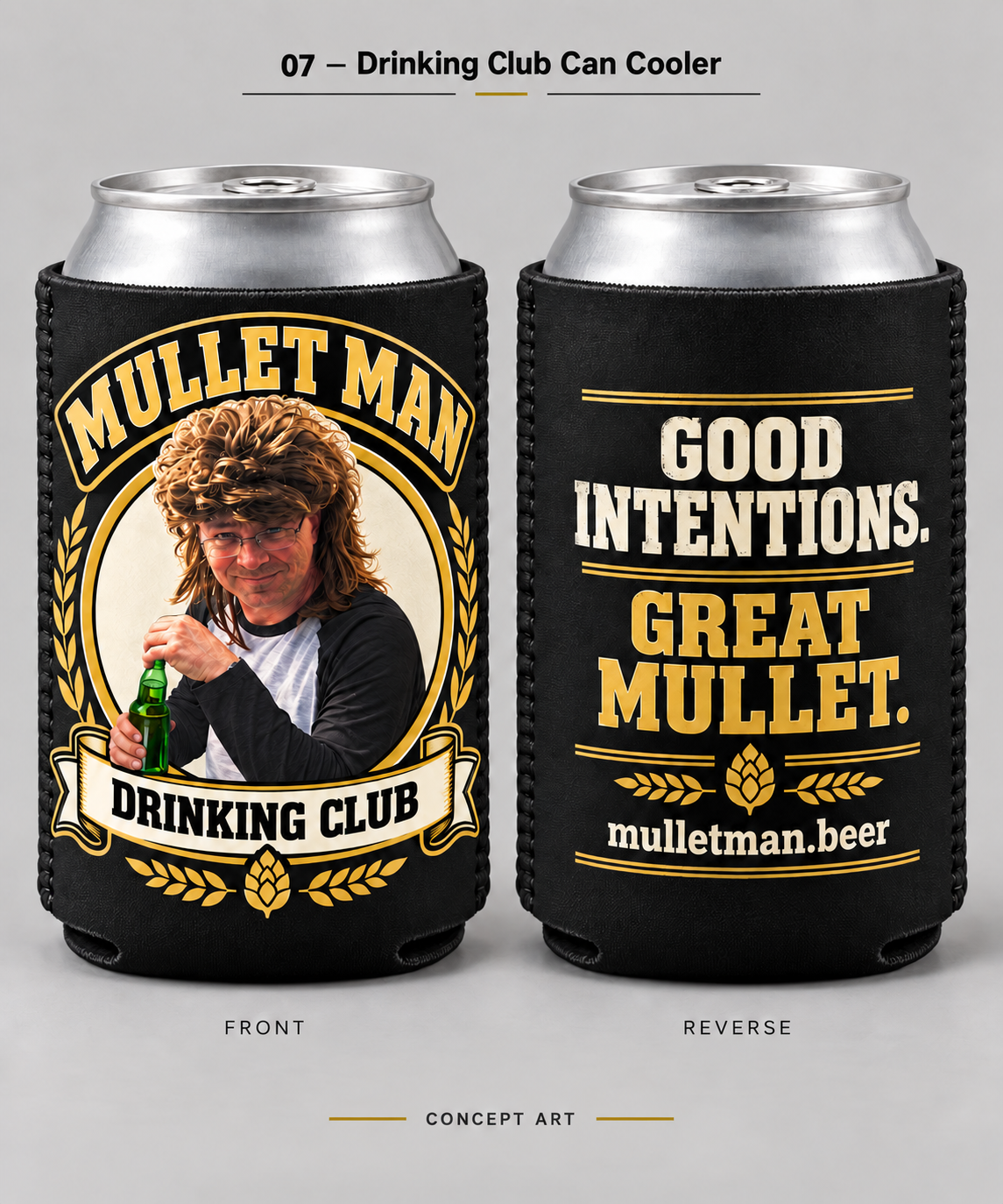 Mullet Man can cooler concept, front and back