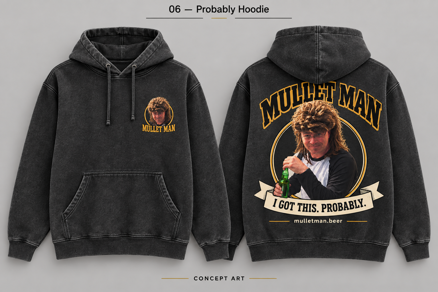 Charcoal Mullet Man hoodie concept, front and back
